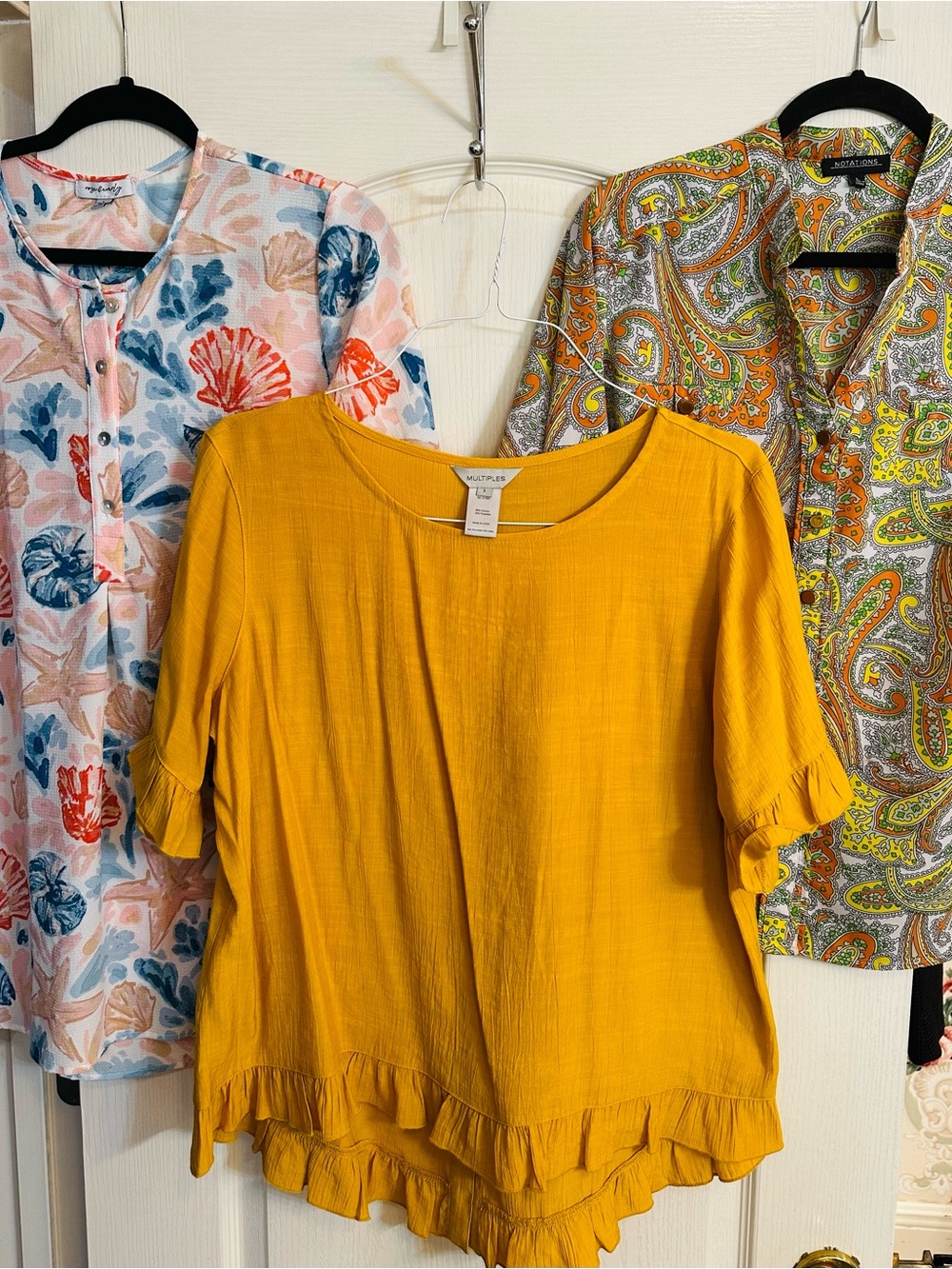 Set of 3 Blouses Multiples Mustard Short Sleeve Ruffle-Hem Top